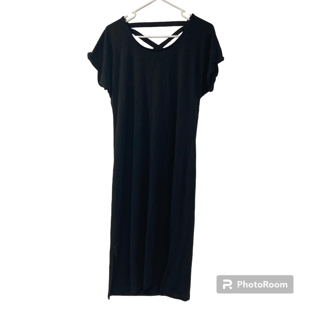 Athleta Crossback Sweatshirt Midi Dress Black Short Sleeve Side Slits Womens M